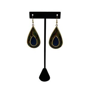 Gold Tone Teardrop Dangle Earrings Blue Inlay Multicolor Art Design Womens